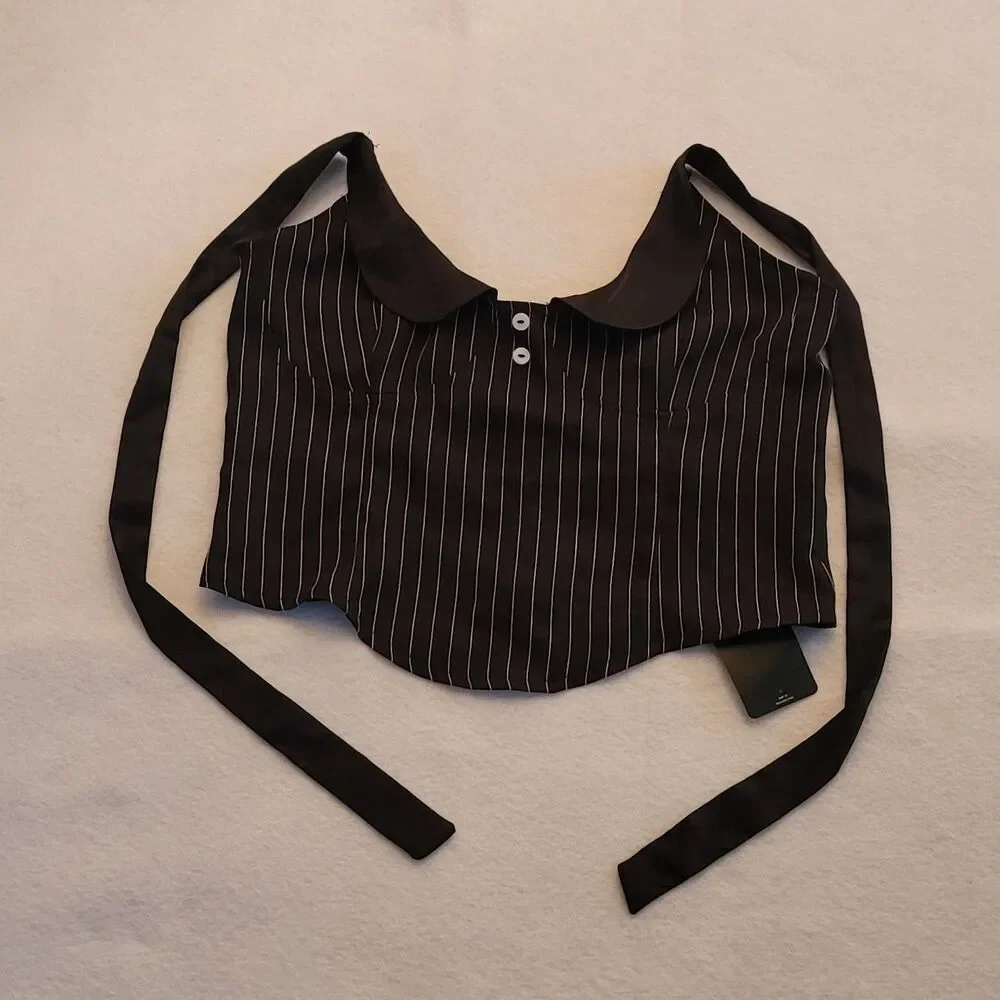 NWT TypaGal Pinstripe Halter Corset Top Peter Pan Collar Size Large Goth Chic - Picture 4 of 7